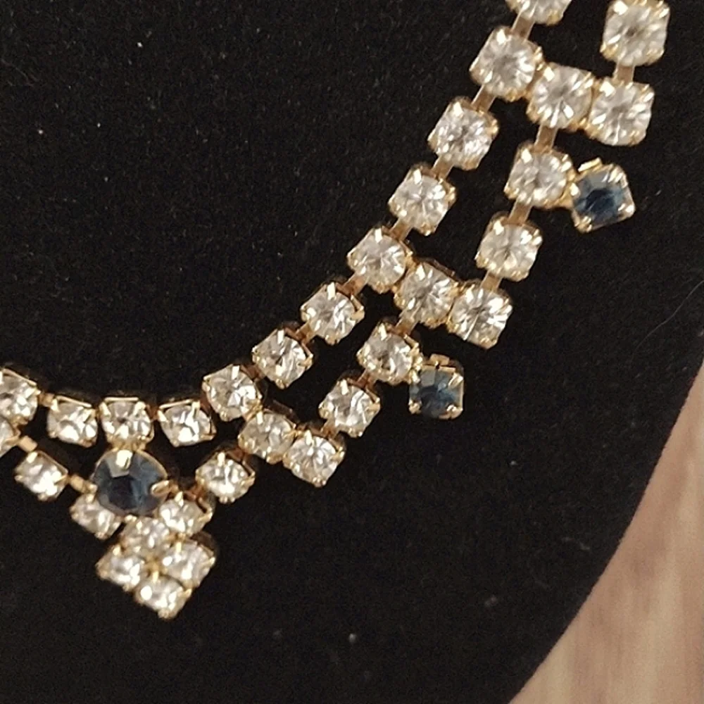 VINTAGE DARK BLUE CLEAR RHINESTONE CHOKER COLLAR BIB 15-18" NECKLACE - Picture 3 of 11